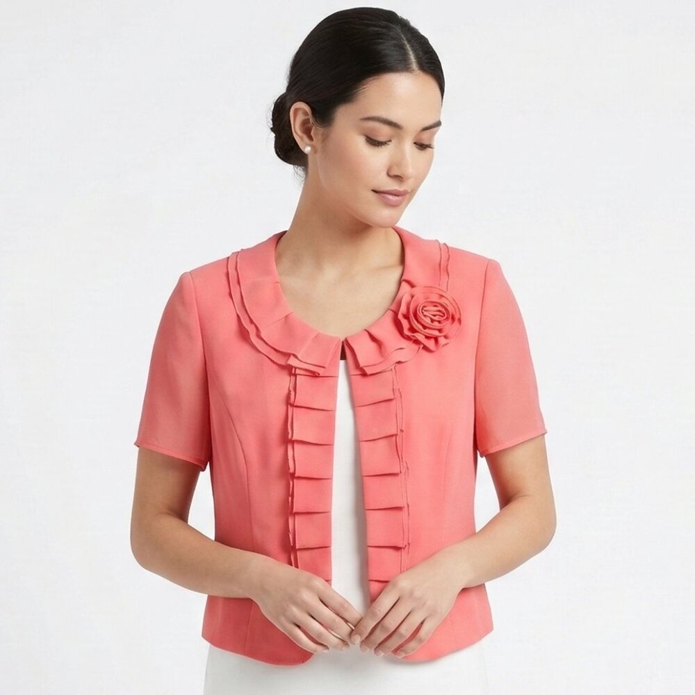 Danny & Nicole Jacket Orange Coquette Pleated 3D Flower Sheer 18W